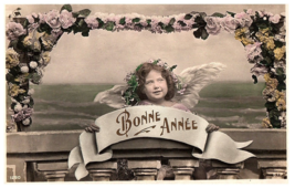 RPPC Bonne Annee Young French Child Angel Wings New Years Hand Colored Postcard - £7.85 GBP