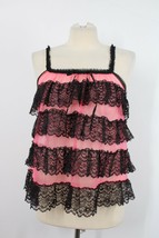 Vtg Playtime Nylon Pink Black Tiered Ruffle Lace Camisole Lingerie Top - £28.82 GBP