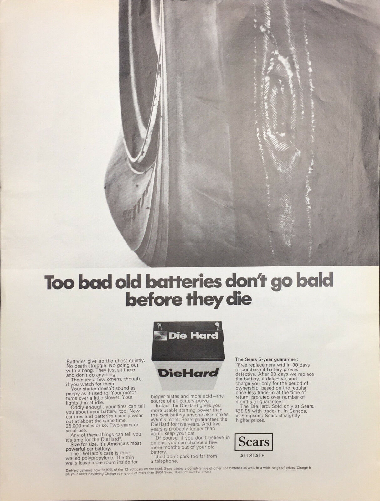 Primary image for Vintage 1969  Sears Die Hard Battery Print Ad Battery And Bald Tire