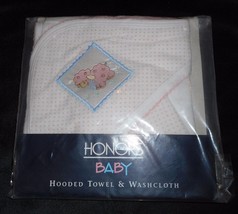 VINTAGE 1997 HONORS BABY HOODED TOWEL &amp; WASHCLOTH PINK LAMB SHEEP NEW IN... - £34.06 GBP