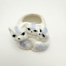 Vintage Porcelain Cat With Kittens Mini Figurine Planter Blue White Tan ... - $11.23 CAD