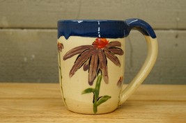 Vintage Art Pottery Blue Band Purple Coneflower Echinacea Tea Coffee Mug - £19.46 GBP