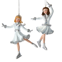 Kurt Adler Set Of 2 White &amp; Silver Skating Girl Christmas Ornaments E0855 - £23.51 GBP