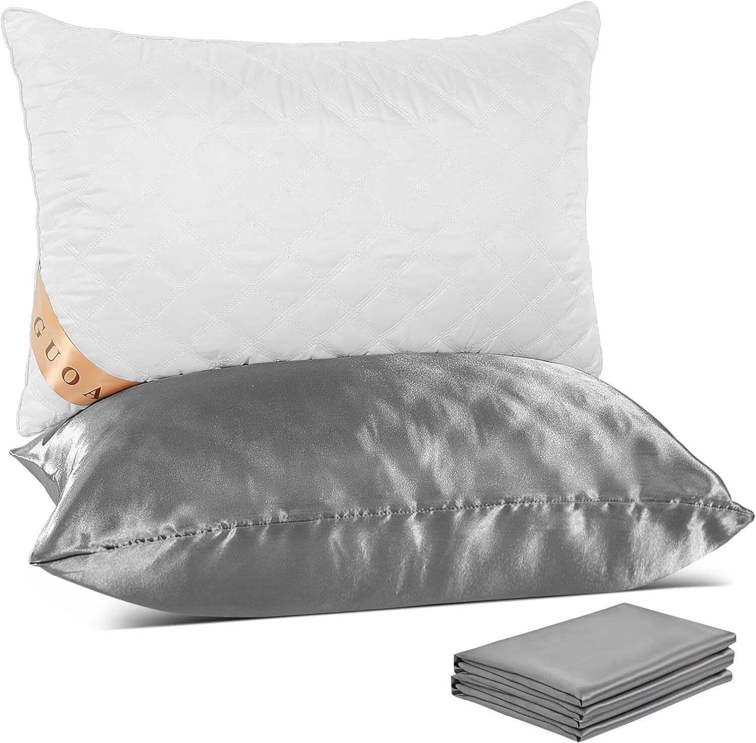 Bed Pillows Include 2 Silk Pillowcases Queen King Size Set of 2 Cooling Hotel Pi - $69.80