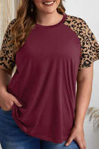Burgundy Contrast Leopard Raglan Sleeve Plus Size T-shirt - £11.77 GBP
