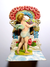 Antique Valentine German Cherub Angel Flowers Greeting Card Die-Cut Stand Up - £13.91 GBP