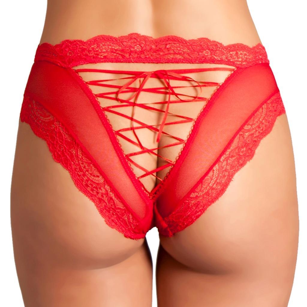 Primary image for Lace Up Panty Tie Back Peek A Boo Sheer Mesh Open Panties Red BW1780