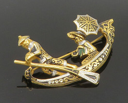 SPAIN 925 Silver - Vintage Asian Oriental Couple Canoe Boat Brooch Pin - BP9403 - £51.74 GBP