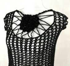 Handmade Top Lace Crochet Lightweight Flower Black - $38.61