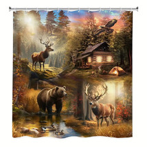 Cabin Lodge Bear Luminous Wildlife Fabric Shower Curtain, Modern Rustic, 72&quot;x72&quot; - £23.40 GBP