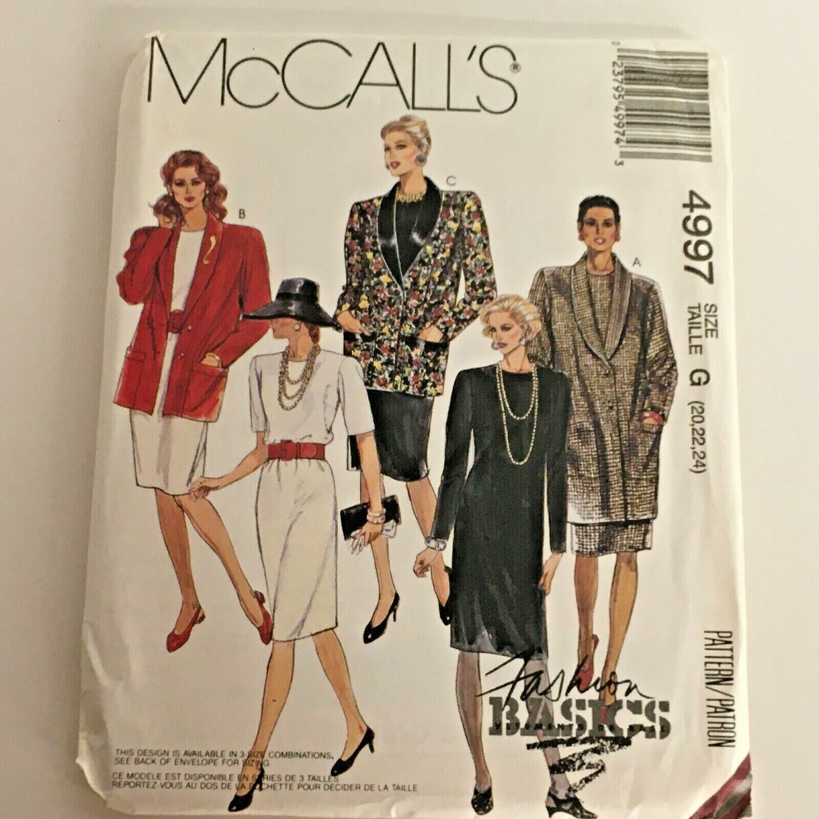 McCalls Sewing Pattern 4997 Unlined Jacket & Dress Fashion Basics 20 22 24 Uncut - $9.99