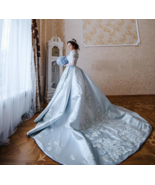 Blue Wedding Dresses Sheer Neck 3D Floral Appliques - $330.00