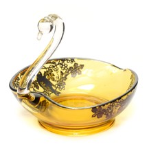 Swam Bird Candy Dish Bowl Art Glass Amber With Bird Applied Ornate Vintage  5&quot; h - $19.77