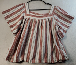 LOFT Blouse Top Womens Large Red White Striped Linen Short Sleeve Square Neck - £16.96 GBP