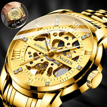 Waterproof Men's Luxury Gold Automatic Mechanical Watch Classic Stainless Steel - £31.59 GBP