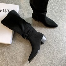 Cow Suede Pleated Boots Women Autumn Winter Block Heels Black Nude Kneehighs Lon - £116.18 GBP