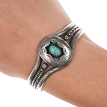 6&quot; 40&#39;s-50&#39;s Navajo high grade turquoise sterling shadowbox stamed/twisted wire - £412.77 GBP