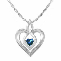 14K White Gold Plated Love IN Motion Heart Simulated Blue Sapphire Pendant 45... - £29.12 GBP