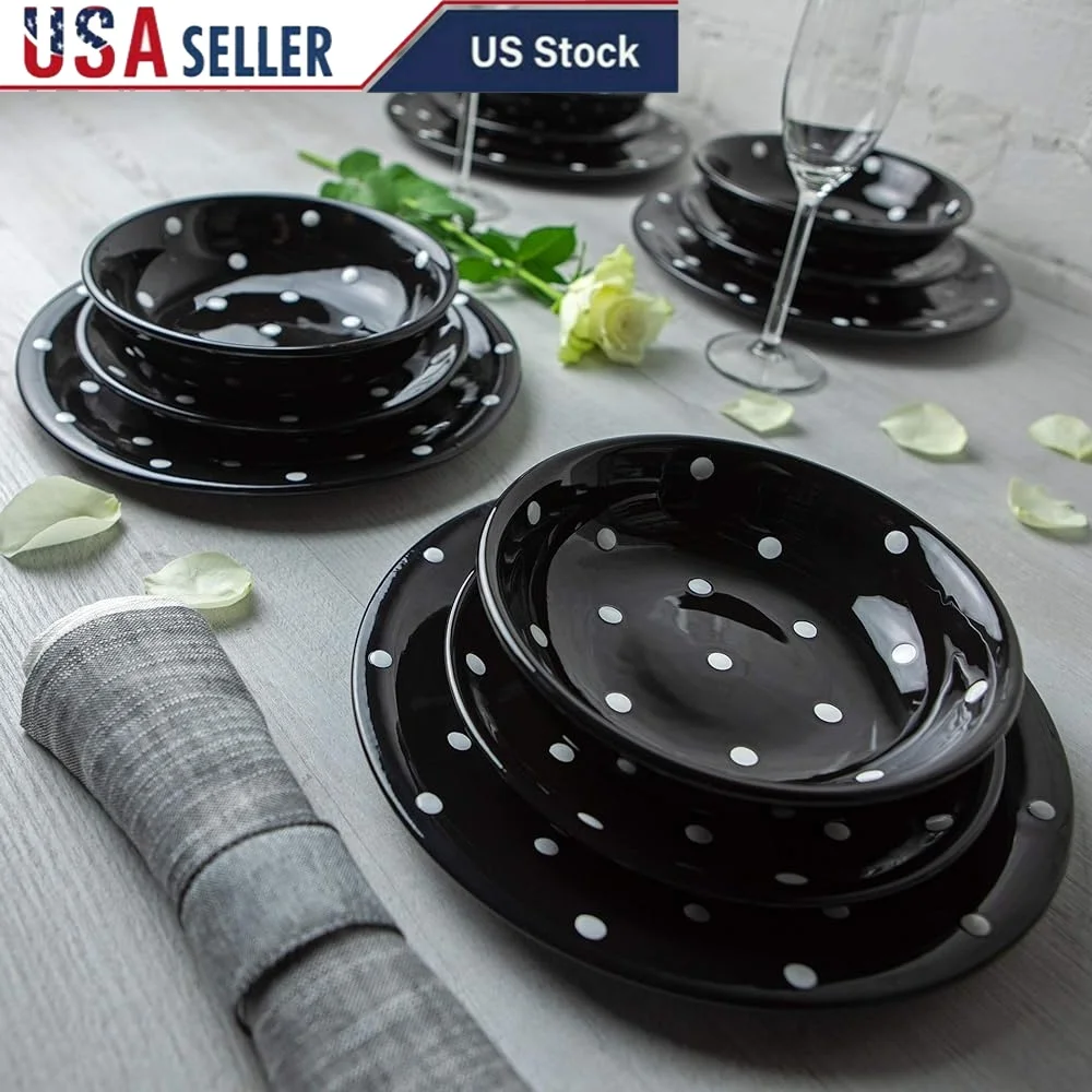 Handmade 12 Piece Black White Polka Dot Dinnerware Set Pottery Tableware - $796.85 CAD