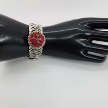Vintage Crystal Cuff  9&quot; Wrap Bracelet Silver Tone Circle Red Crystal Flower - £15.63 GBP