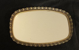 Vintage Mirror Vanity Tray Perfume Ornate Brass Gold Tone Oblong Filigree - £27.18 GBP