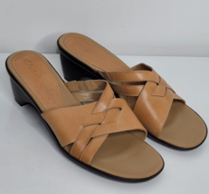 Clarks Womens 8 Sandals Leather Cross Strap Slide Wedge Tan Brown 75583 - $24.99