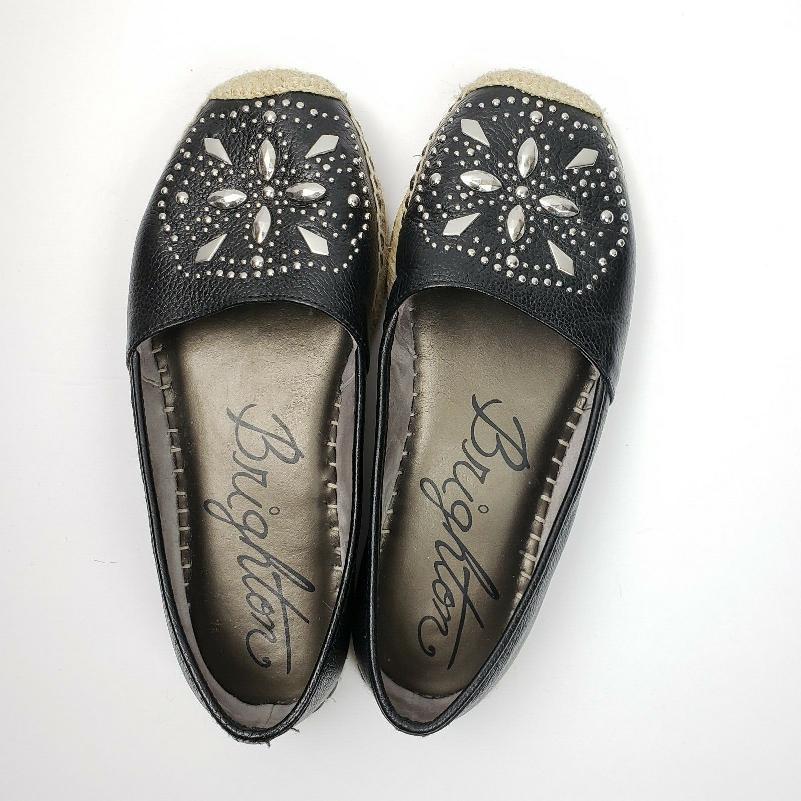 Primary image for Brighton Jett Espadrilles Slip On Leather Shoes Black Flats Silver Studs 7