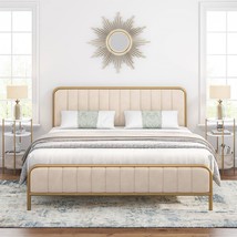 King size Gold Metal Platform Bed Frame with Off-White Upholstered Headboard - $9,808.01 MXN