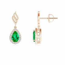 Emerald Drop Earrings with Diamond Halo in 14K Gold (Grade-AAA , 6x4MM) - £1,103.48 GBP
