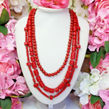 Red Coral Beaded 3 Strand Necklace Black Leather Cord Ties - £39.87 GBP