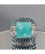 Amazonite Dome Ring Sz 9 Silver Tone Facet Cut Chunky Center Stone CZ Ba... - $929.61 MXN