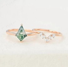 Vintage kite cut green moss agate engagement ring set, 925 Silver Ring - £100.82 GBP
