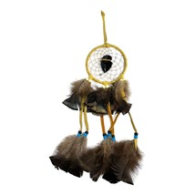 Handcrafted Yellow Dream Catcher With Feathers &amp; Black Onyx Arrowhead 15&quot; - £26.56 GBP