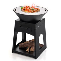Patio Fire Pit with Firewood Log Rack with Grill and Ash Box-Black - $129.65