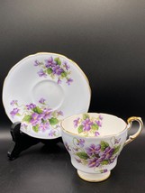 Paragon teacup &amp; saucer pale blue bone china with purple violets, gold trim VTG - £39.99 GBP