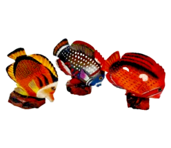 Hand Carved Colorful Fish on Natural Wood Stand Set of Three - $18.81