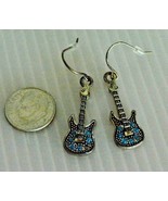 Silver Tone Blue Rhinestone Rock Electric Guitar Dangle Drop Hook Earrings - $7.84