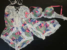 Victoria&#39;s Secret 32DDD,34DD,34DDD Bra Set+Shorts+Romper Patchwork White Blue - £125.79 GBP