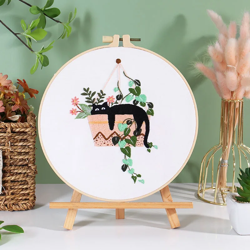 Black Cat Cross Stitch Kit with Instructions DIY Plant -without hoop C4 - €7,08 EUR
