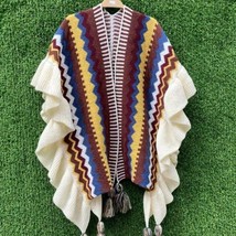 Chevron Ruffle Shawl with Tassels | Women Bohemian Poncho Wrap Cloak #1269 - £30.68 GBP