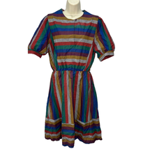 Vintage Miss Oops! California Striped A-Line Dress Size L Short Sleeve Midi Fall - £31.61 GBP