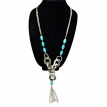 Long Triple Chain Necklace w/ Faux Turquoise &amp; Stainless Stell Loops + Tassel - £18.79 GBP
