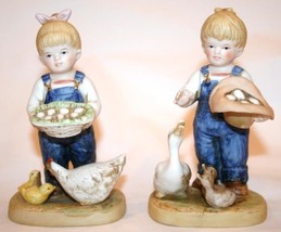 Homco 1985 Denim Days Figurine &quot;Gathering Eggs&quot; Tag #1509 Euc Set/2 - £15.98 GBP
