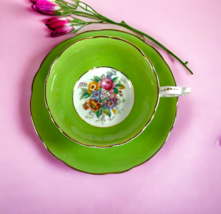 Green footed Coalport Floral teacup and saucer flowers Spring Summer Gol... - £73.09 GBP
