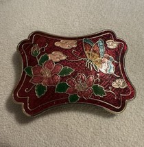 Vintage Cloisonné Enamel Red Gold Floral Butterfly Scarf Slide Clip - $14.85