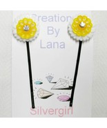 Set of 2 Bobby Pins - Yellow White Rhinstone Flowers - £4.38 GBP