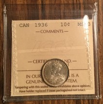 1936 Canada Silver 10 Cents Coin - Iccs MS-63 - - £72.82 GBP