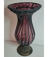 ITALIAN PURPLE GLASS AND WROUGHT IRON VASE ON PEDESTAL VINTAGE - $112.20