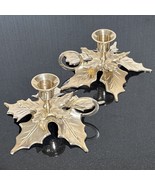 Vtg Brass Candlestick Holder Pair Chamberstick Christmas Holly Leaf Poin... - $29.08