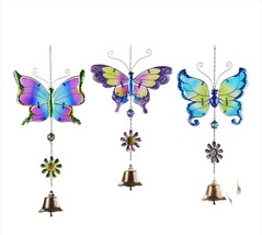 Butterfly Bell Wind Chimes Set of 3  Suncatcher Iron and Glass Pastel Colors image 1